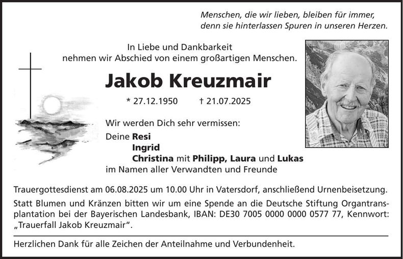 Traueranzeige Jakob Kreuzmair