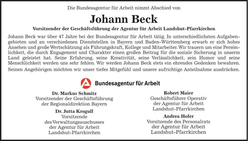 Traueranzeige Johann Beck