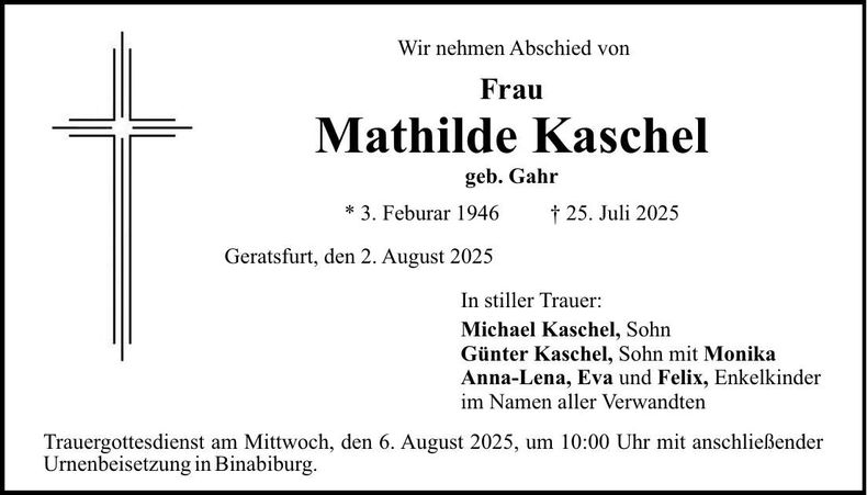 Traueranzeige Mathilde Kaschel
