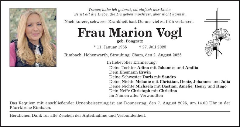 Traueranzeige Marion Vogl
