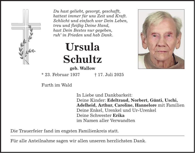Traueranzeige Ursula Schultz