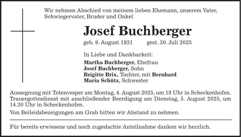 Traueranzeige Josef Buchberger