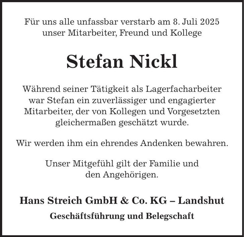 Traueranzeige Stefan Nickl
