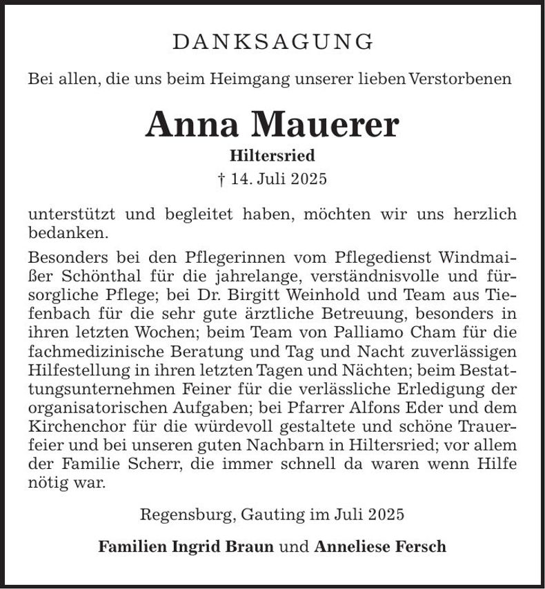 Traueranzeige Anna Mauerer