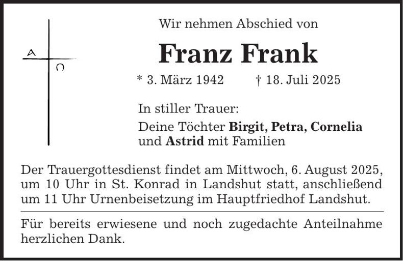 Traueranzeige Franz Frank