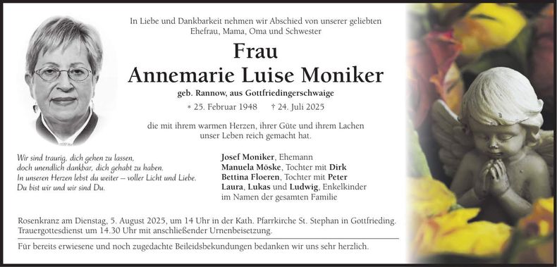 Traueranzeige Annemarie Luise Moniker