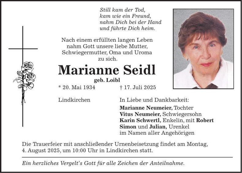 Traueranzeige Marianne Seidl