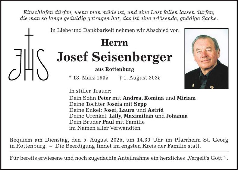 Traueranzeige Josef Seisenberger