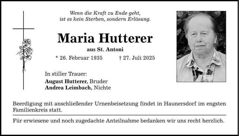 Traueranzeige Maria Hutterer