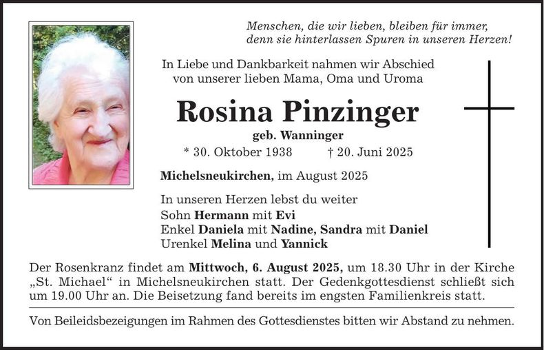 Traueranzeige Rosina Pinzinger