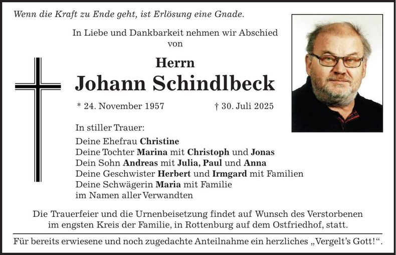 Traueranzeige Johann Schindlbeck