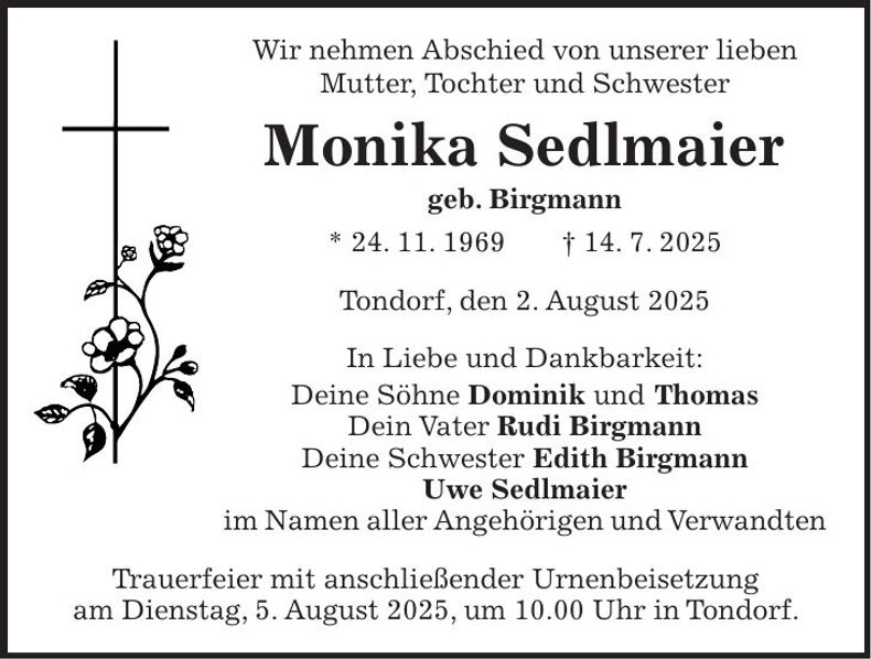 Traueranzeige Monika Sedlmaier