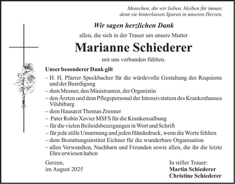 Traueranzeige Marianne Schiederer