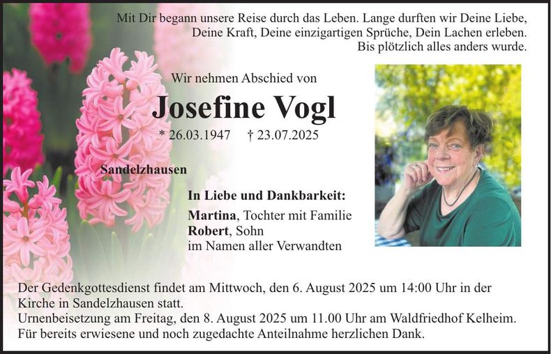 Traueranzeige Josefine Vogl
