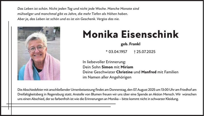 Traueranzeige Monika Eisenschink