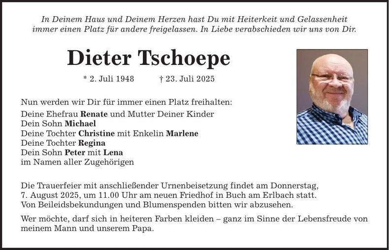 Traueranzeige Dieter Tschoepe