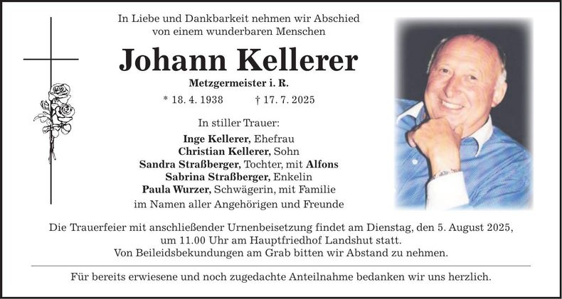 Traueranzeige Johann Kellerer