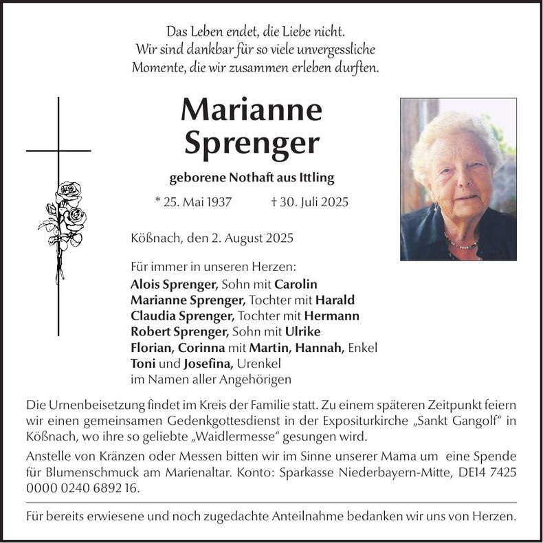 Traueranzeige Marianne Sprenger