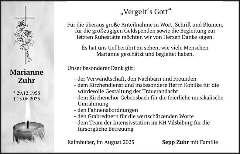 Traueranzeige Marianne Zuhr