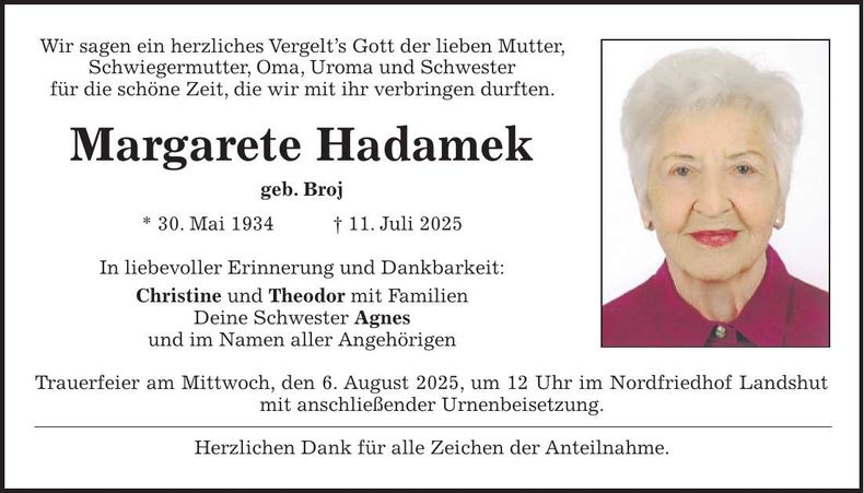 Traueranzeige Margarete Hadamek