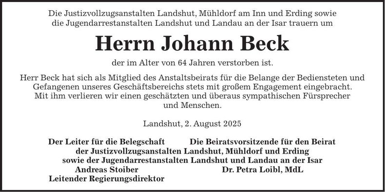 Traueranzeige Johann Beck