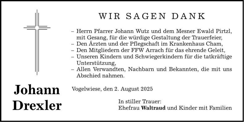 Traueranzeige Johann Drexler