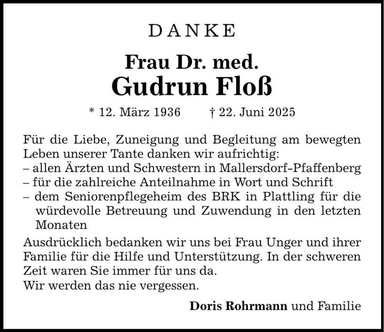 Traueranzeige Gudrun Floß