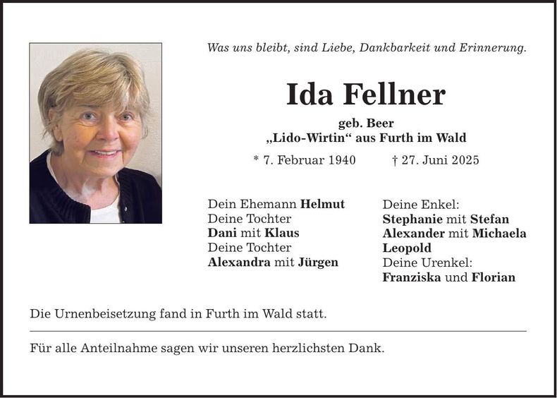 Traueranzeige Ida Fellner