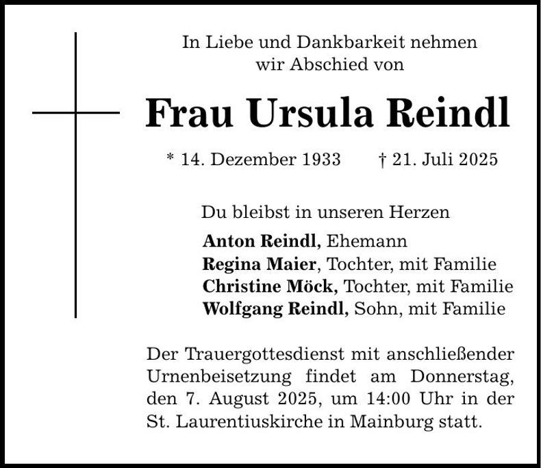 Traueranzeige Ursula Reindl