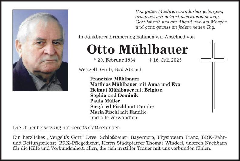 Traueranzeige Otto Mühlbauer