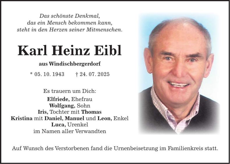 Traueranzeige Karl Heinz Eibl