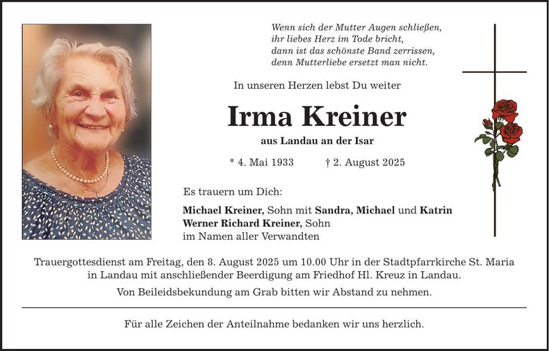 Traueranzeige Irma Kreiner