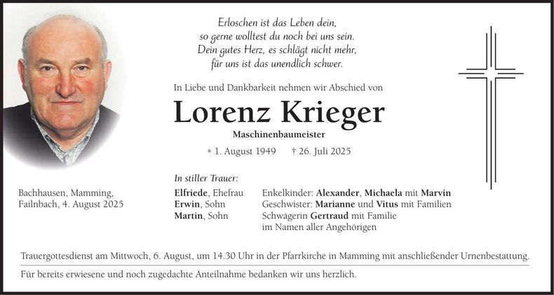 Traueranzeige Lorenz Krieger
