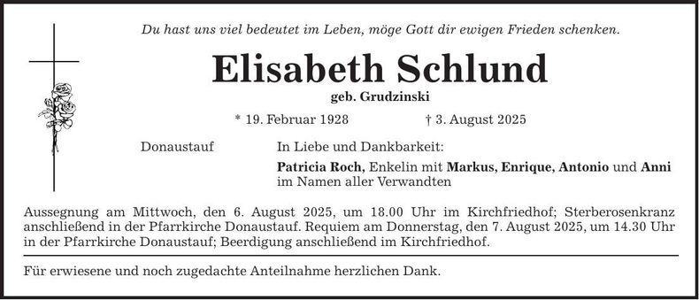 Traueranzeige Elisabeth Schlund