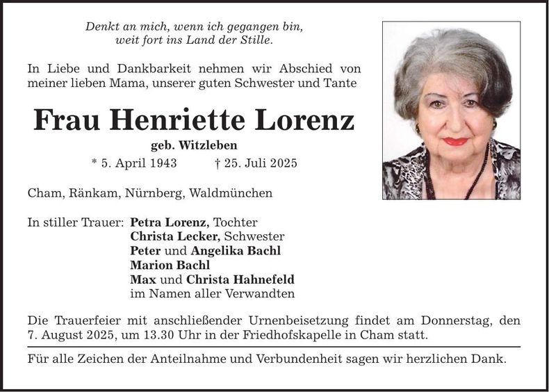 Traueranzeige Henriette Lorenz
