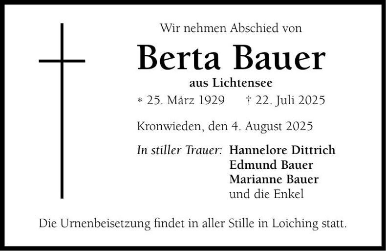 Traueranzeige Berta Bauer