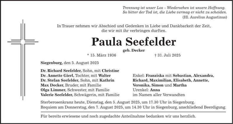 Traueranzeige Paula Seefelder