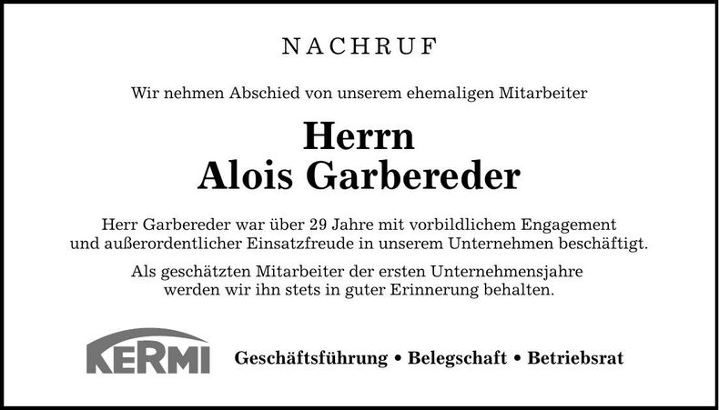 Traueranzeige Alois Garbereder