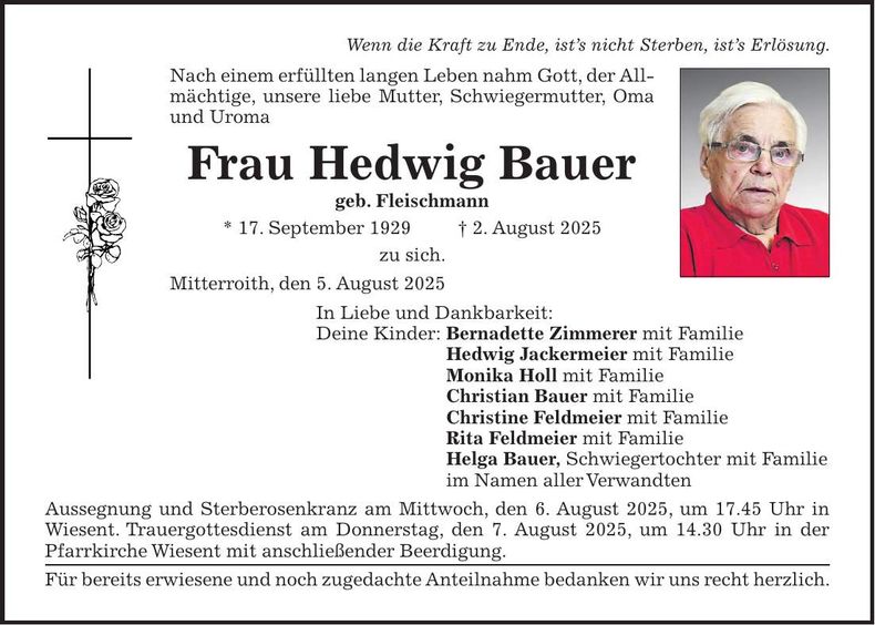 Traueranzeige Hedwig Bauer