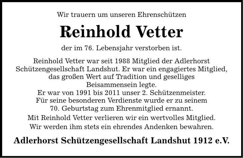 Traueranzeige Reinhold Vetter
