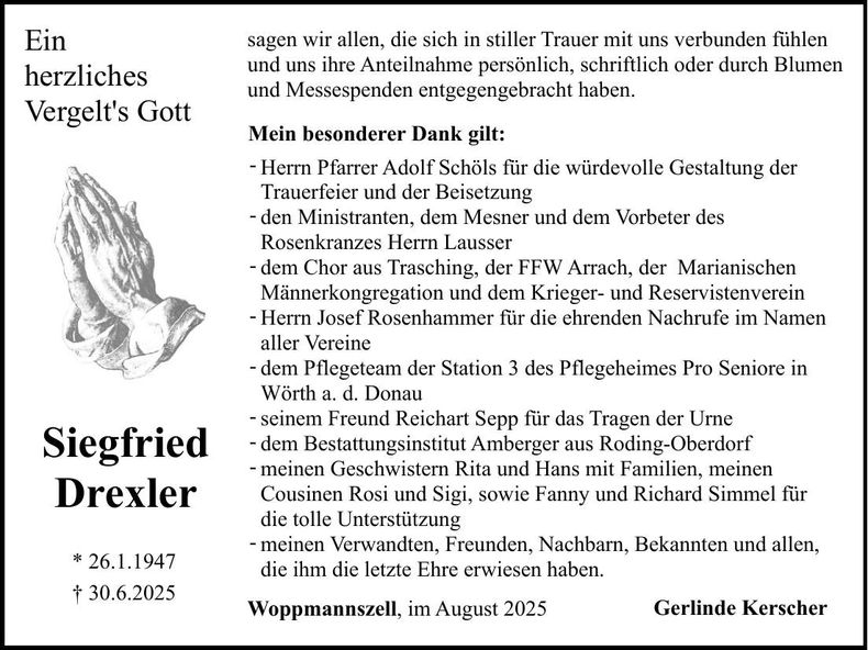 Traueranzeige Siegfried Drexler