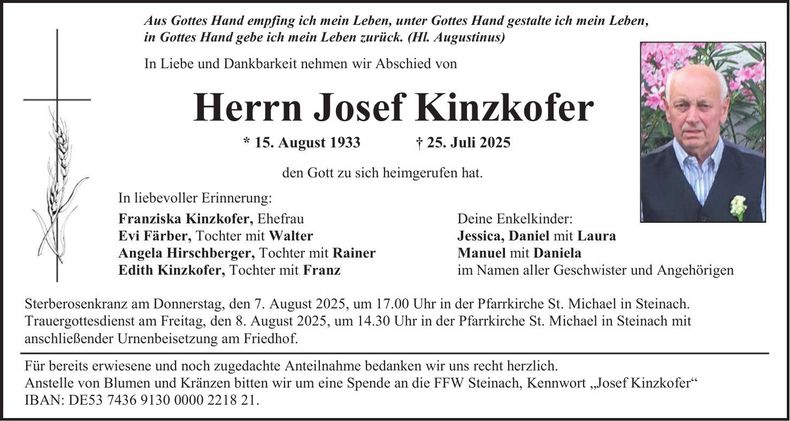 Traueranzeige Josef Kinzkofer