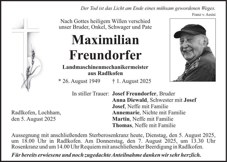 Traueranzeige Maximilian Freundorfer