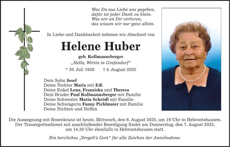 Traueranzeige Helene Huber