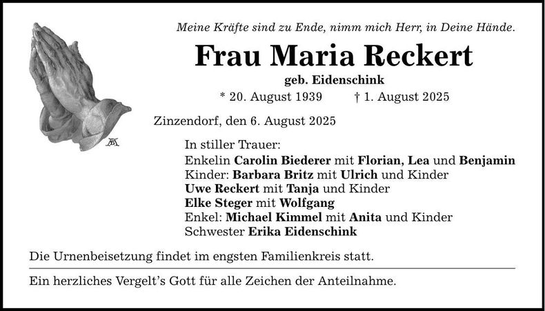 Traueranzeige Maria Reckert