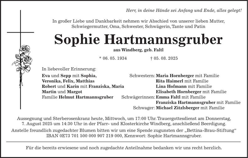 Traueranzeige Sophie Hartmannsgruber