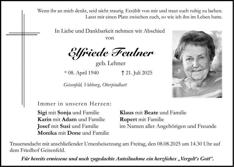 Traueranzeige Elfriede Feulner