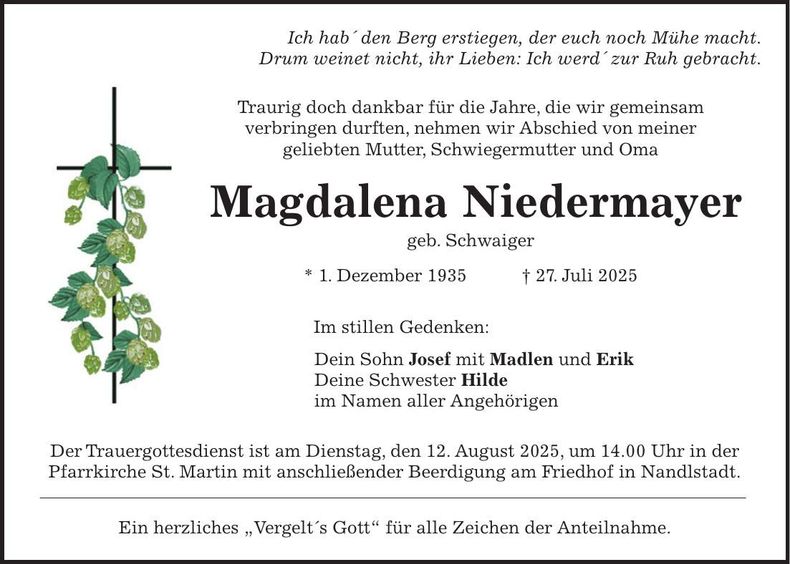 Traueranzeige Magdalena Niedermayer