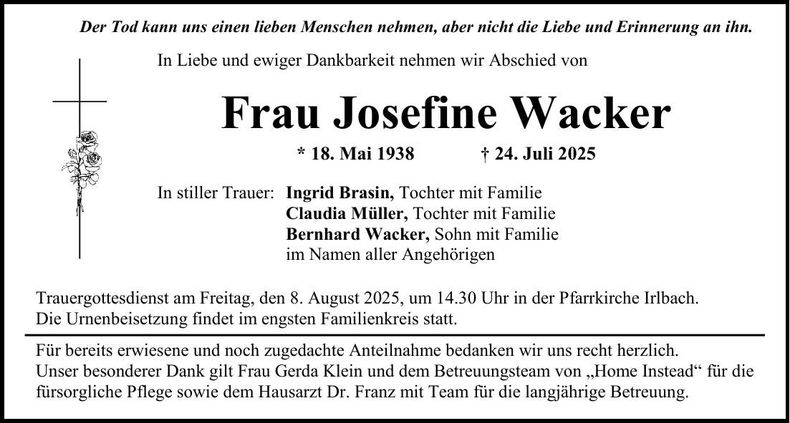 Traueranzeige Josefine Wacker