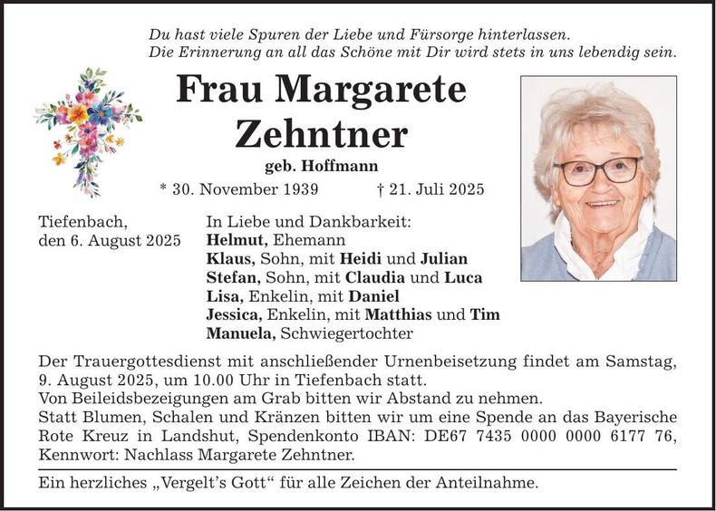 Traueranzeige Margarete Zehntner